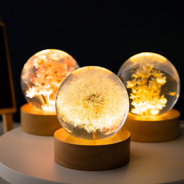 Luminous 3D Dandelion Crystal Ball Beech Wood Stand Base - Shoppers Haven  - Home Decor     