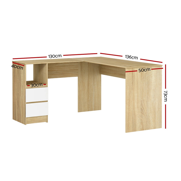 Artiss Computer Desk Drawer Cabinet L-Shape Oak 136CM - Shoppers Haven  - Furniture > Office     