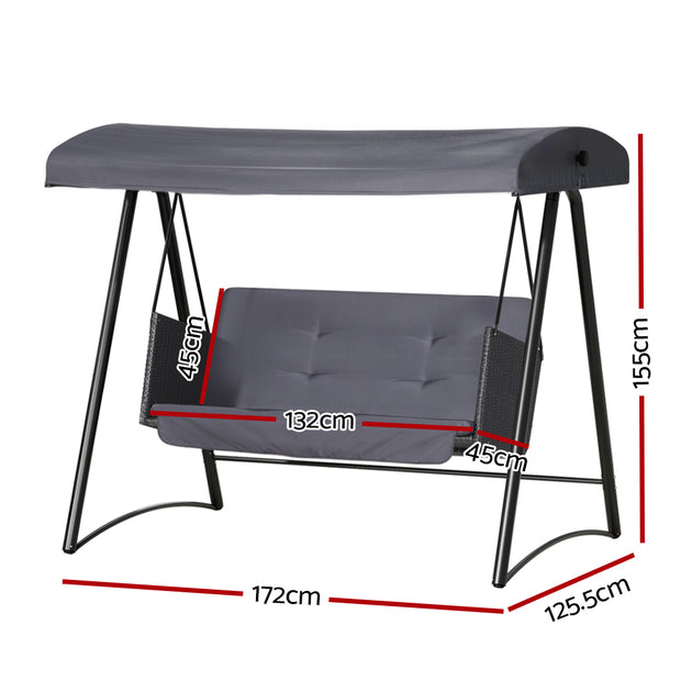 Gardeon Outdoor Swing Chair Garden Bench Furniture Canopy 3 Seater Rattan Grey - Shoppers Haven  - Furniture > Outdoor     