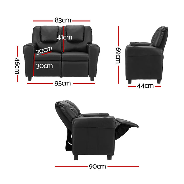 Keezi Kids Recliner Chair Double PU Leather Sofa Lounge Couch Armchair Black - Shoppers Haven  - Baby & Kids > Kid's Furniture     