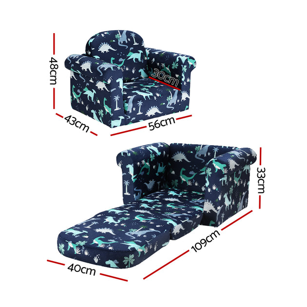 Keezi Kids Sofa 2 Seater Children Flip Open Couch Lounger Armchair Dinosaur Navy - Shoppers Haven  - Baby & Kids > Kid's Furniture     