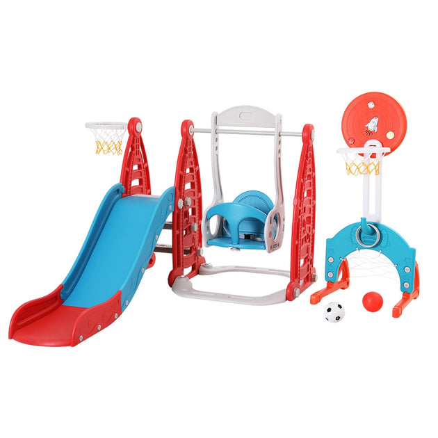 Keezi Kids Slide Swing Set Basketball Hoop Rings Football Outdoor Toys 140cm Red - Shoppers Haven  - Baby & Kids > Toys     