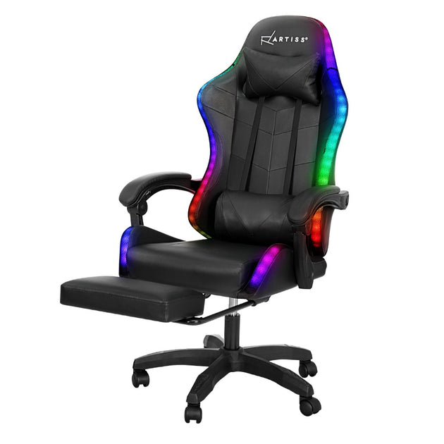 Artiss 6 Point Massage Gaming Office Chair 7 LED Footrest Black - Shoppers Haven  - Furniture > Office     