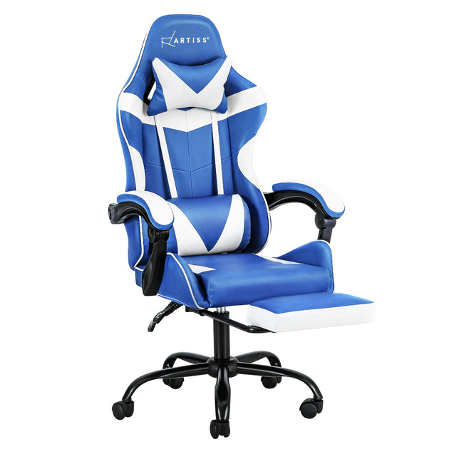 Artiss Gaming Office Chair Executive Computer Leather Chairs Footrest Blue White - Shoppers Haven  - Furniture > Office     