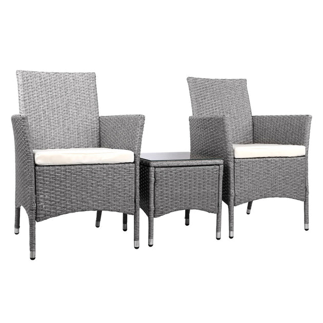 Gardeon 3PC Outdoor Bistro Set Patio Furniture Wicker Setting Chairs Table Cushion Grey - Shoppers Haven  - Furniture > Outdoor     