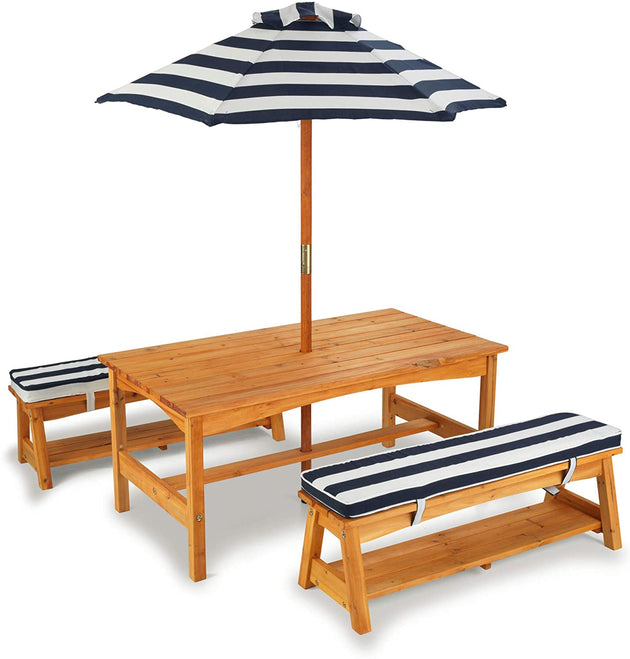 Outdoor Table & Bench Set with Cushions & Umbrella (Navy) - Shoppers Haven  - Baby & Kids > Kid's Furniture     