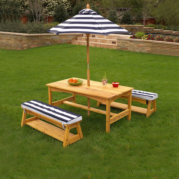 Outdoor Table & Bench Set with Cushions & Umbrella (Navy) - Shoppers Haven  - Baby & Kids > Kid's Furniture     