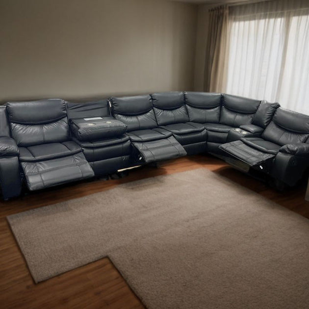 6 Seater Modular Corner Leather Manual Recliner Sofa Black - Shoppers Haven  - Furniture > Sofas     
