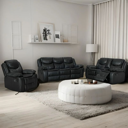 Mendel 3-Piece Super Fibre Leather Recliner Lounge Suite Black - Shoppers Haven  - Furniture > Sofas     