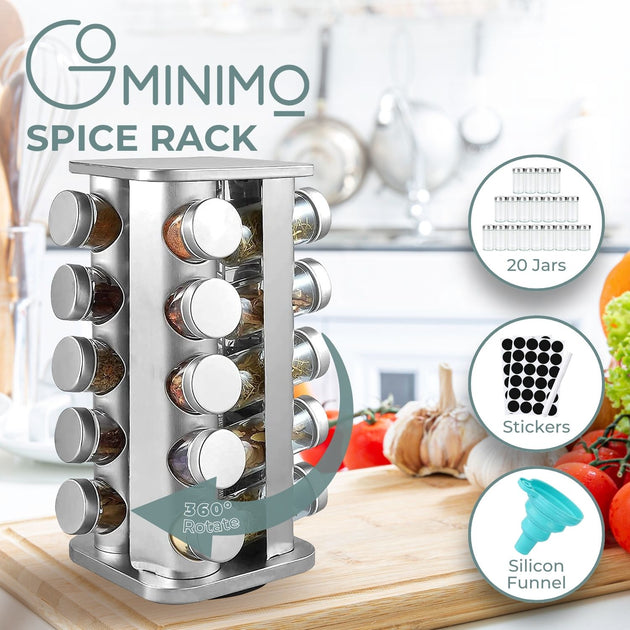 Gominimo Quadrate Rotating Spice Rack Organizer (20 Jars) with Label Sticker and Silicone Funnel - Shoppers Haven  - Home & Garden > Kitchenware     