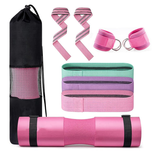 VERPEAK Barbell Squat Pad set,2 Safety Straps, 3 Hip Resistance Bands, 2 Lifting Strap, Barbell Pad and Bag (Pink)VP-BSPS-101-MD - Shoppers Haven  - Sports & Fitness > Fitness Accessories     
