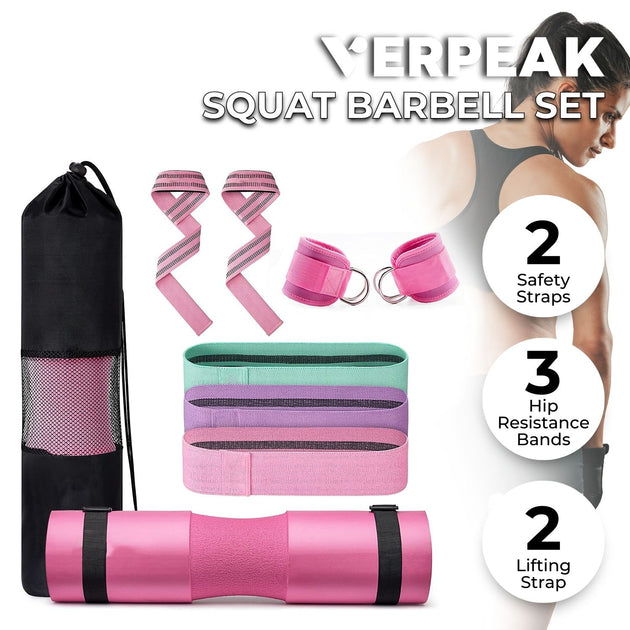 VERPEAK Barbell Squat Pad set,2 Safety Straps, 3 Hip Resistance Bands, 2 Lifting Strap, Barbell Pad and Bag (Pink)VP-BSPS-101-MD - Shoppers Haven  - Sports & Fitness > Fitness Accessories     