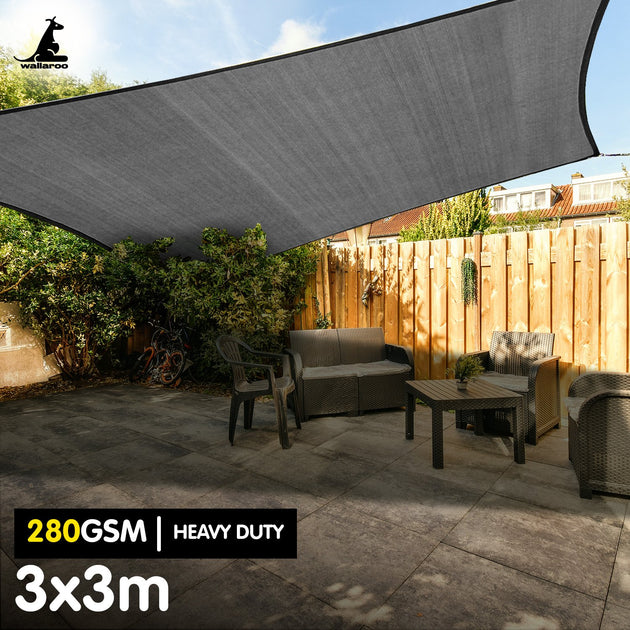 Wallaroo 280gsm Outdoor Sun Shade Sail Canopy Grey Square 3m x 3m - Shoppers Haven  - Home & Garden > Shading     