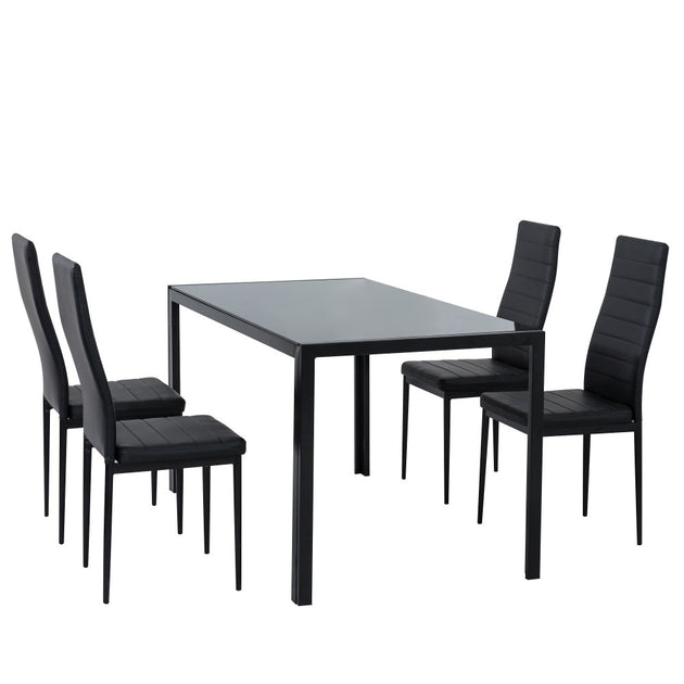 5PC Indoor Dining Table and Chairs Dinner Set Glass Leather Kitchen-Black - Shoppers Haven  - Furniture > Dining     