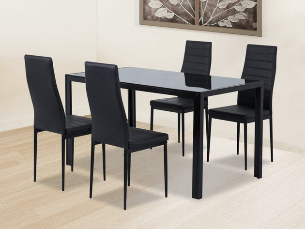 5PC Indoor Dining Table and Chairs Dinner Set Glass Leather Kitchen-Black - Shoppers Haven  - Furniture > Dining     