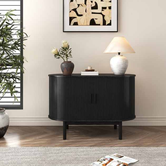 Mid-Century Black Ribbed Sideboard Cabinet - Shoppers Haven  - Furniture > Dining     