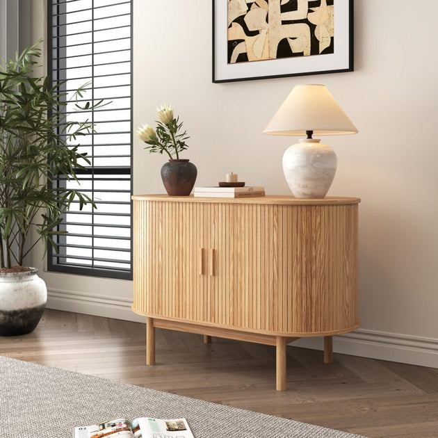 Natural Wood Ribbed Sideboard Cabinet - Shoppers Haven  - Furniture > Dining     