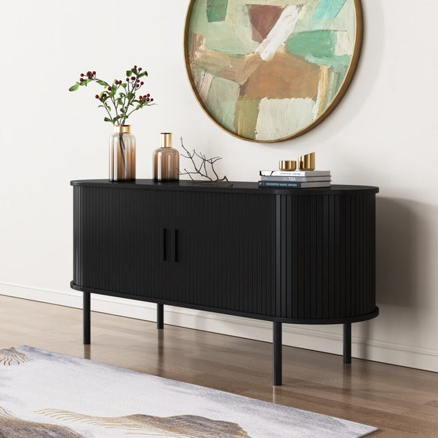 Ribbed Black Sideboard with Sliding Doors - Shoppers Haven  - Furniture > Dining     