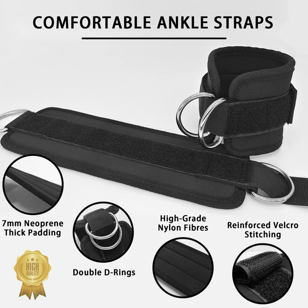 2x Adjustable Ankle Straps for Cable Machines D-Rings Gym Cuff Kickbacks Glute Workouts Leg Extensions Straps Hip Black - Shoppers Haven  - Sports & Fitness > Fitness Accessories     
