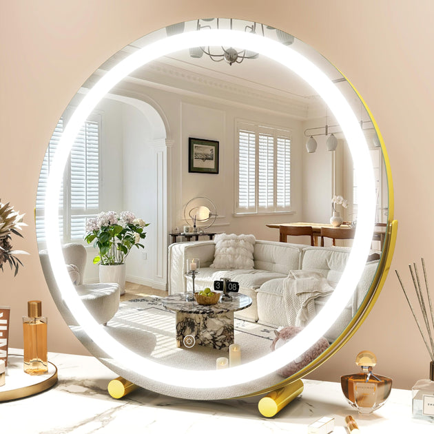 45cm Large Makeup Desk Mirror Lights Round LED Makeup Make up Mirror Bedroom Tabletop Touch Control Gold - Shoppers Haven  - Health & Beauty > Makeup Mirrors     