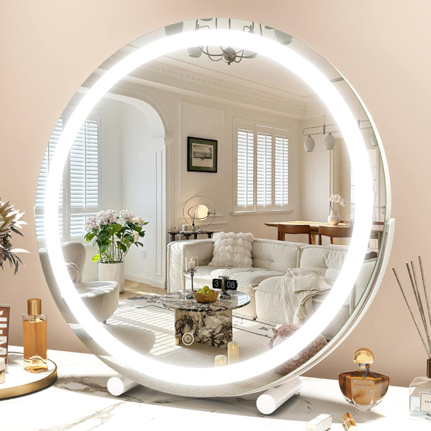 45cm Large Makeup Desk Mirror Lights Round LED Makeup Make up Mirror Bedroom Tabletop Touch Control White - Shoppers Haven  - Health & Beauty > Makeup Mirrors     
