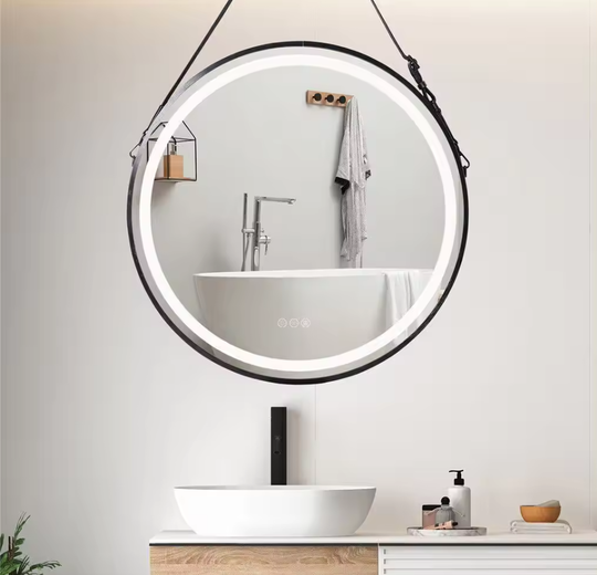 Interior Ave - LED Round Hanging Salon / Bathroom Wall Mirror - Black - 60cm - Shoppers Haven  - Home & Garden > Lighting     