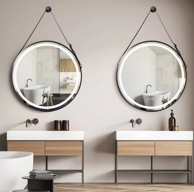 Interior Ave - LED Round Hanging Salon / Bathroom Wall Mirror - Black - 60cm - Shoppers Haven  - Home & Garden > Lighting     