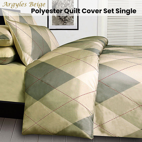 Big Sleep Argyles Beige Quilt Cover Set Single - Shoppers Haven  - Home & Garden > Bedding     