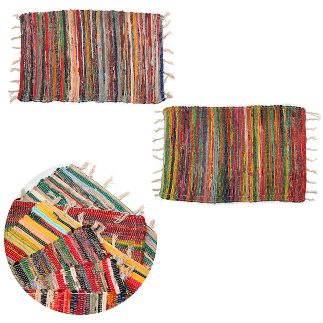 Set of 2 Random Colour Hand Made Cotton Rich Chindi Floor Rugs 60 x 90 cm - Shoppers Haven  - Home & Garden > Rugs     
