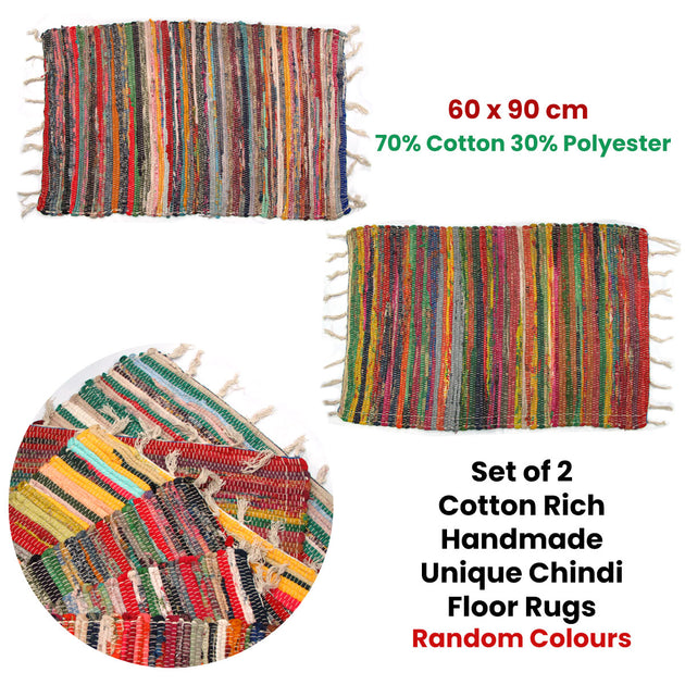 Set of 2 Random Colour Hand Made Cotton Rich Chindi Floor Rugs 60 x 90 cm - Shoppers Haven  - Home & Garden > Rugs     