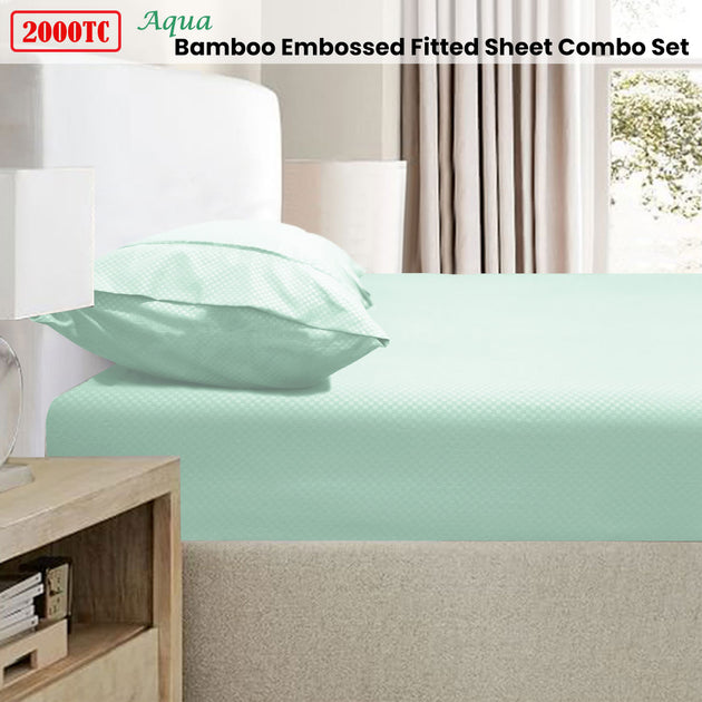 Ramesses 2000TC Bamboo Embossed Fitted Sheet Combo Set Aqua King - Shoppers Haven  - Home & Garden > Bedding     