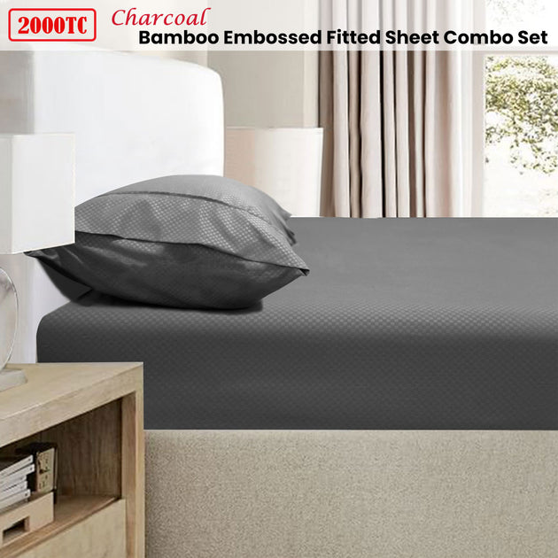 Ramesses 2000TC Bamboo Embossed Fitted Sheet Combo Set Charcoal Double - Shoppers Haven  - Home & Garden > Bedding     
