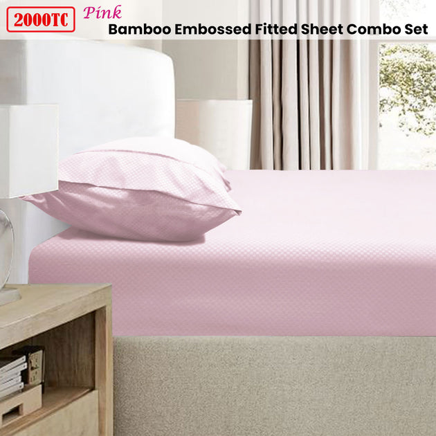 Ramesses 2000TC Bamboo Embossed Fitted Sheet Combo Set Pink Single - Shoppers Haven  - Home & Garden > Bedding     