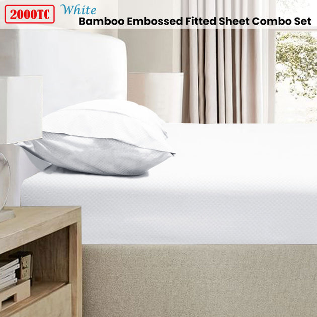 Ramesses 2000TC Bamboo Embossed Fitted Sheet Combo Set White Double - Shoppers Haven  - Home & Garden > Bedding     