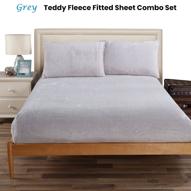 Ramesses Teddy Fleece Fitted Sheet Combo Set Grey Double - Shoppers Haven  - Home & Garden > Bedding     