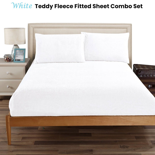Ramesses Teddy Fleece Fitted Sheet Combo Set White King Single - Shoppers Haven  - Home & Garden > Bedding     