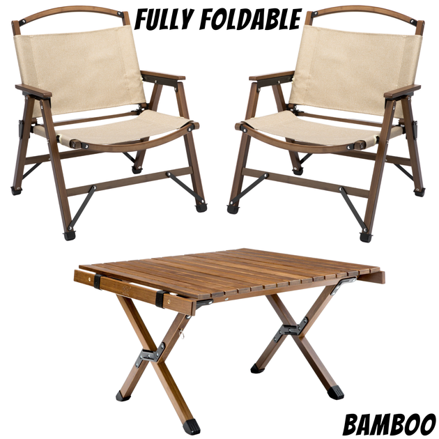 Bamboo Foldable Camping Table + 2 Chairs Waterproof Wood Wooden Travel Set Kit - Shoppers Haven  - Outdoor > Camping     