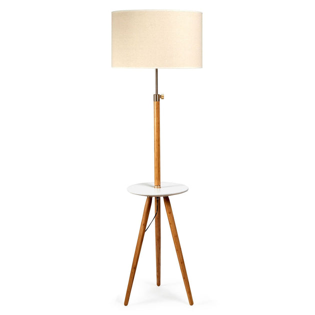 165cm Large Extendable Bamboo Tripod Floor Lamp Linen Shade Shelving - Shoppers Haven  - Home & Garden > Lighting     