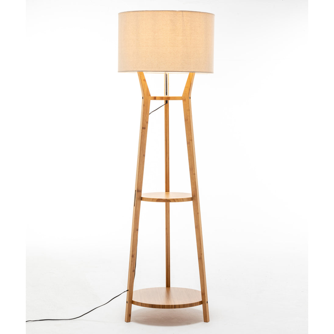 168cm Large Bamboo Wooden Tripod Floor Lamp Light Modern Linen Shade w Shelves - Shoppers Haven  - Home & Garden > Lighting     