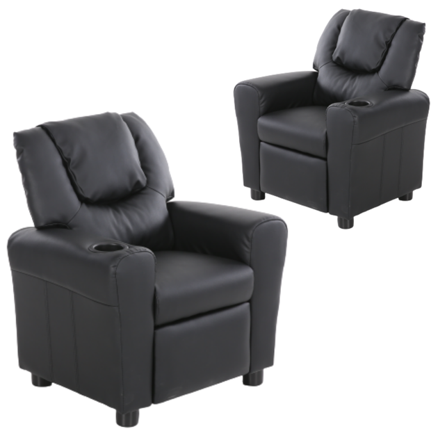 Set of 2 Oliver Kids Recliner Chair Sofa Children Lounge Couch PU Armchair Black - Shoppers Haven  - Furniture > Sofas     