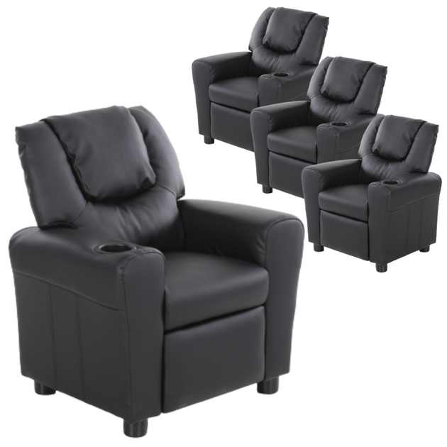 Set of 4 Oliver Kids Recliner Chair Sofa Children Lounge Couch PU Armchair Black - Shoppers Haven  - Furniture > Sofas     