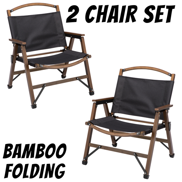 2x Bamboo Canvas Foldable Outdoor Camping Chair Wooden Travel Picnic Park - Black - Shoppers Haven  - Outdoor > Camping     