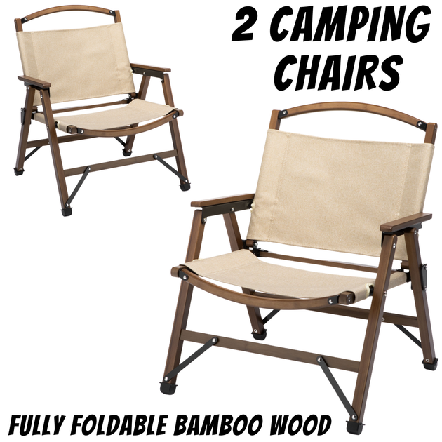 2x Bamboo Foldable Outdoor Camping Chair Wooden Travel Picnic Park Folding - Khaki/Beige - Shoppers Haven  - Outdoor > Camping     
