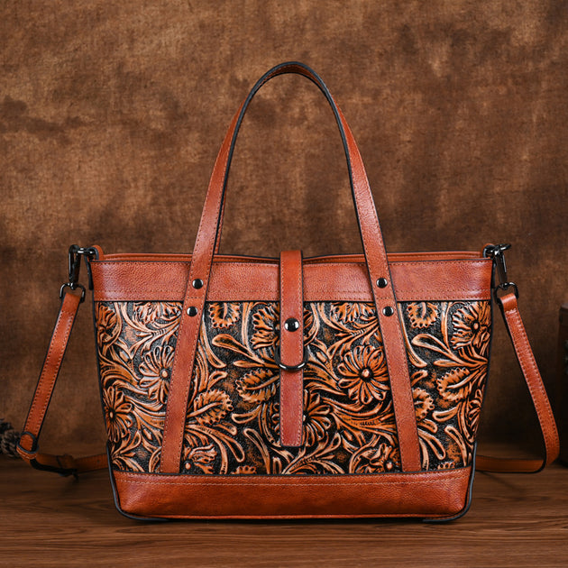 Leather Hand Carved Tote Bag - Shoppers Haven  - Totes     