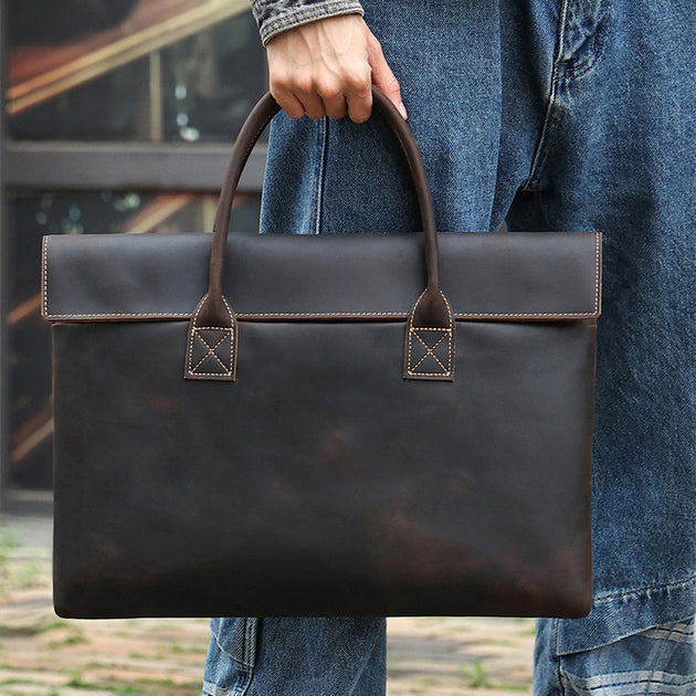 Solid Colour Genuine Leather Briefcase - Shoppers Haven  - Briefcase     