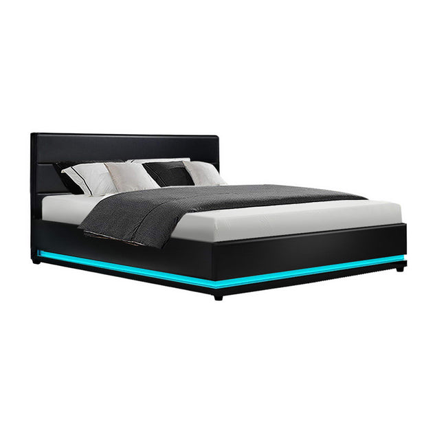 Artiss Bed Frame Queen Size LED Gas Lift Black LUMI - Shoppers Haven  - Furniture > Bedroom     