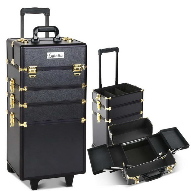 Embellir Makeup Case Beauty Trolley Cosmetic Organiser Box Travel Wheels Gold - Shoppers Haven  - Health & Beauty > Cosmetic Storage     