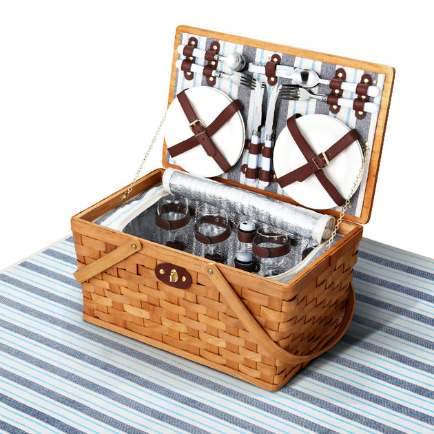 Alfresco 4 Person Picnic Basket Set Wooden Blanket Bag Insulated - Shoppers Haven  - Outdoor > Picnic     