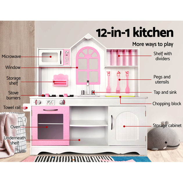 Keezi Kids Wooden Kitchen Play Set - White & Pink - Shoppers Haven  - Baby & Kids > Toys     