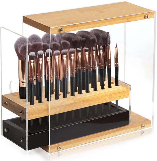 31 Holes Acrylic Bamboo Brush Holder Organiser Beauty Cosmetic Display Stand with Leather Drawer Black (22.3 x 8.6 x 21.5 cm) - Shoppers Haven  - Health & Beauty > Cosmetic Storage     